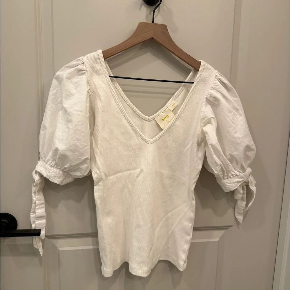 Anthropologie White V-Neck Puff Sleeve Tie Cuff Top